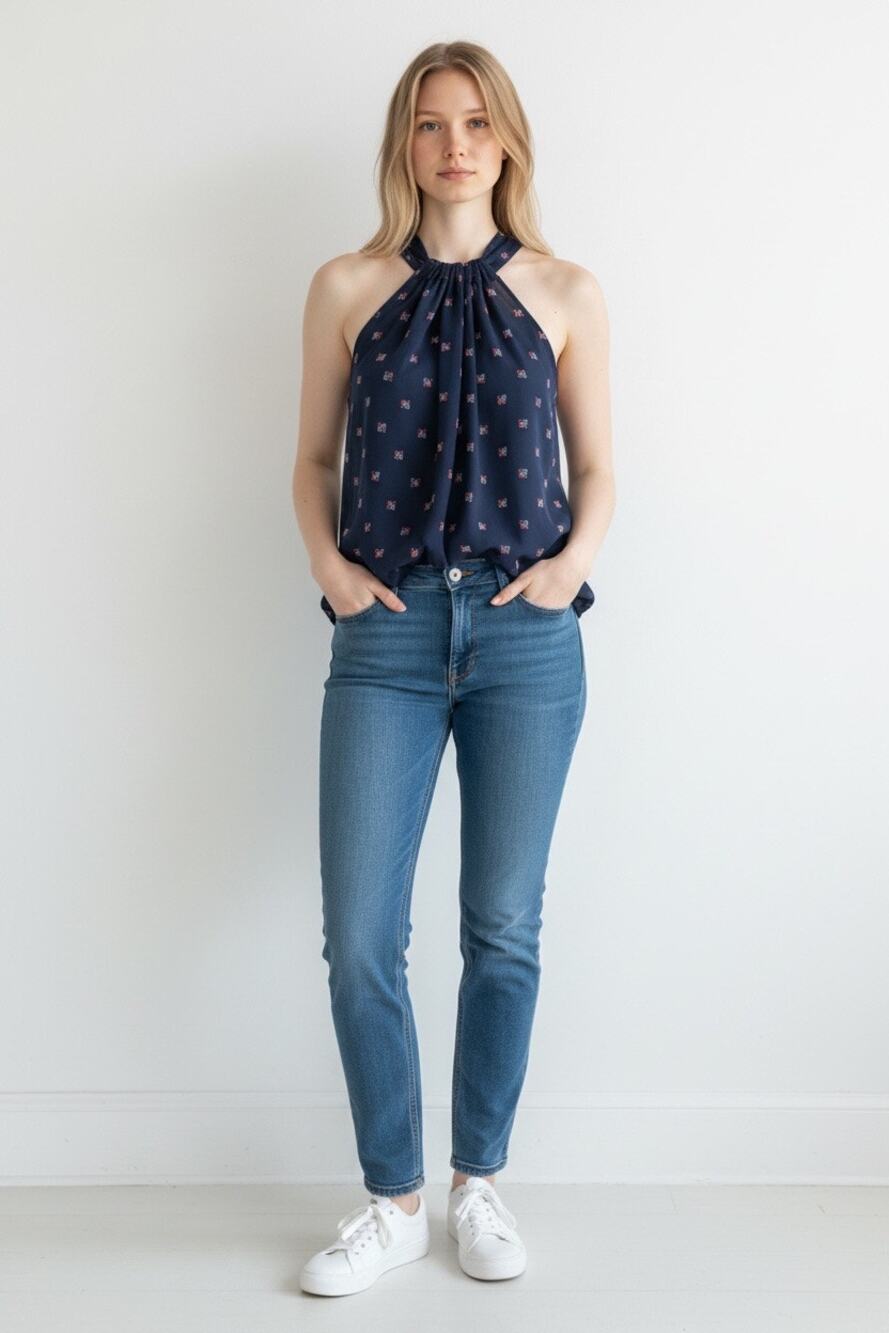 LOFT Navy Floral Halter Tank Top Large Sleeveless Keyhole Back Blouse